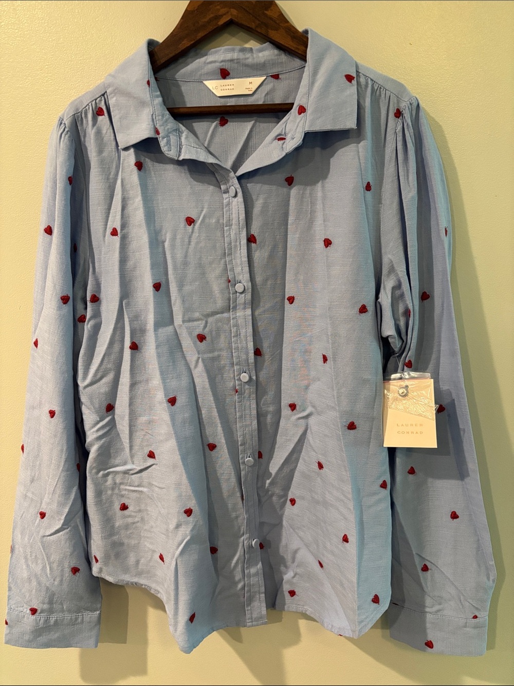 LC Lauren Conrad Light Blue Button-Up Shirt with Red Heart Embroidery